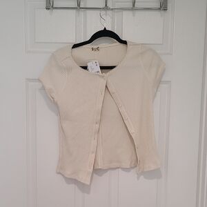 NWT Free People Cream Ribbed Short-Sleeve Button-Front Crop Top